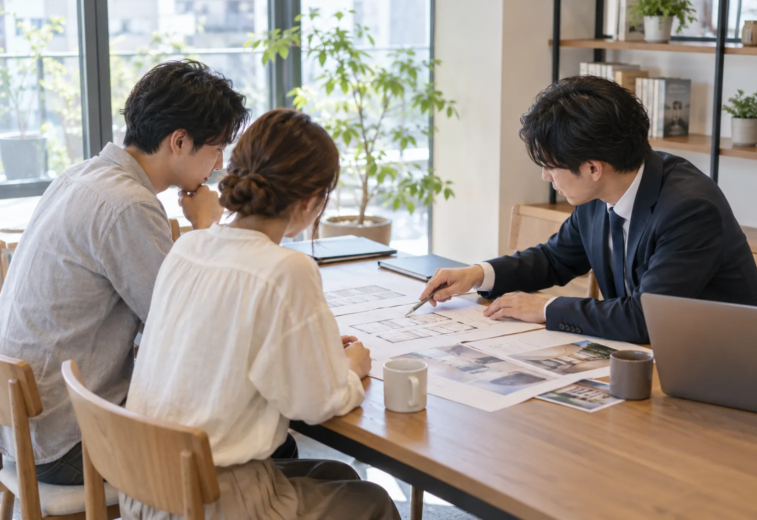 住まいの相談で物件資料を囲むお客様と担当者