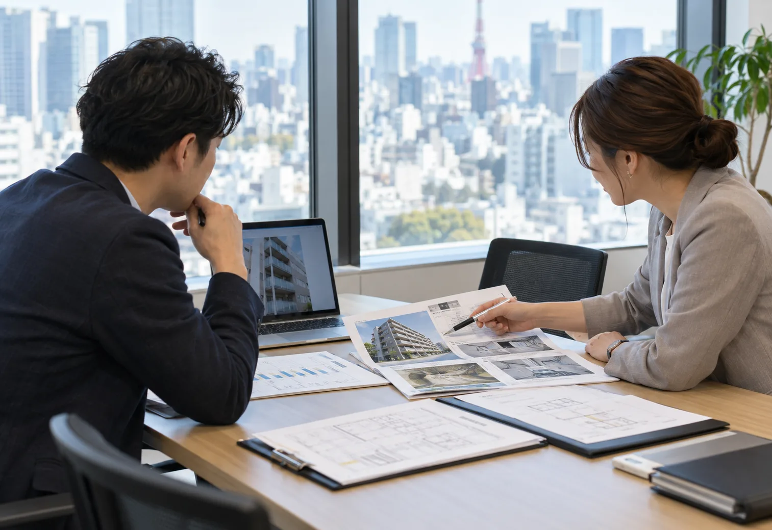 不動産の管理資料を確認する担当者と取引先